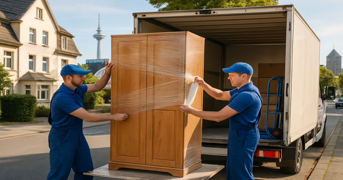 Professionelle Möbelpacker beim Beladen des Transporters in Bochum