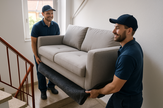 Professionelle Möbelpacker tragen Sofa durch Treppenhaus in Bochum